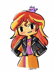 Size: 1542x2048 | Tagged: safe, alternate version, artist:ag_nonsuch, imported from derpibooru, sunset shimmer, bird, equestria girls, blushing, clothes, cutie mark, cutie mark on clothes, female, grin, hand on hip, jacket, simple background, smiling, solo, white background