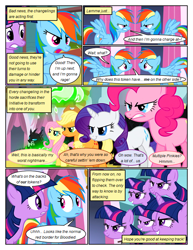 Size: 612x792 | Tagged: safe, edit, edited screencap, imported from derpibooru, screencap, applejack, fluttershy, pinkie pie, rainbow dash, rarity, twilight sparkle, changeling, earth pony, pegasus, pony, unicorn, comic:friendship is dragons, a canterlot wedding, comic, dialogue, disguise, disguised changeling, eyelashes, female, frown, hat, mane six, mare, multeity, open mouth, screencap comic, smiling, unicorn twilight