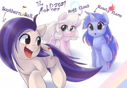 Size: 2048x1431 | Tagged: safe, artist:kurogewapony, imported from derpibooru, oc, oc only, oc:moff cloud, oc:slowly flame, oc:southern sail, earth pony, pegasus, pony, unicorn, :3, :o, blushing, cute, cutie mark, female, looking back, mare, ocbetes, open mouth, running, simple background, smiling, text, trio, white background