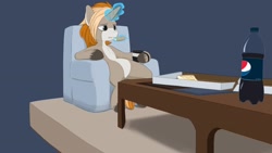 Size: 2560x1440 | Tagged: safe, artist:expression2, imported from ponybooru, oc, oc only, oc:itu, pony, unicorn, armchair, chair, coffee table, food, magic, male, mug, pale belly, pepsi, pizza, ponies sitting like humans, soda, solo, stallion, table, telekinesis