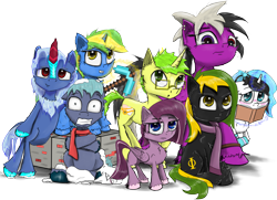 Size: 2000x1446 | Tagged: safe, artist:chopsticks, derpibooru exclusive, imported from derpibooru, oc, oc only, oc:arctic mist, oc:brisk bronco, oc:cookie cutter, oc:faded page, oc:sassy lost, oc:speed, oc:verglas frost, oc:vermont black, earth pony, kirin, pegasus, pony, unicorn, derpibooru community collaboration, 2021 community collab, bipedal, bipedal leaning, book, cheek fluff, chest fluff, clothes, diverse body types, ear fluff, female, filly, floppy ears, foal, glasses, kirin oc, leaning, looking at you, magic, male, mare, minecraft block, pickaxe, scarf, shivering, simple background, snow, stallion, teenager, telekinesis, transparent background, unshorn fetlocks