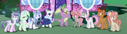 Size: 13854x3698 | Tagged: safe, artist:amicasecret, imported from derpibooru, button mash, rarity, spike, sweetie belle, oc, oc:diamond earth, oc:gamesweet, oc:pyro crystal fragment, oc:sweetdiva, oc:vanellope, dracony, dragon, hybrid, pony, base used, family, female, gigachad spike, interspecies offspring, male, offspring, older, older button mash, older rarity, older spike, older sweetie belle, parent:button mash, parent:rarity, parent:spike, parent:sweetie belle, parents:sparity, parents:sweetiemash, shipping, sparity, straight, sweetiemash, winged spike