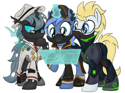 Size: 2888x2160 | Tagged: safe, artist:djdavid98, artist:pirill, derpibooru exclusive, imported from derpibooru, oc, oc only, oc:carbon copy, oc:paamayim nekudotayim, oc:star farer, changeling, earth pony, pony, unicorn, derpibooru community collaboration, 2021 community collab, clothes, collaboration, cyberpunk, female, glasses, hat, horn, jacket, magic, male, mask, raised hoof, shoes, simple background, soft shading, tail, thinking, transparent background, trio, watch dogs