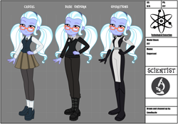 Size: 2833x1985 | Tagged: safe, artist:limedazzle, imported from derpibooru, sugarcoat, equestria girls, bodysuit, clothes, fanfic, fanfic art, glasses, necktie, reference sheet, scientist, shadowbolts, show accurate, skirt, spy suit, tights, uniform