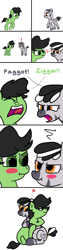 Size: 1000x4000 | Tagged: safe, artist:wren, oc, oc only, oc:filly anon, oc:slow sipper, zebra, angry, blushing, comic, emoji, encounter, faggot, female, filly, glaring daggers, grumpy, heart, hug, mare, simple background, sitting, surprised, tongue out, tsundere, vulgar, walking, white background, yelling, zigger