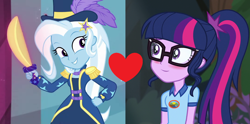 Size: 1724x856 | Tagged: safe, imported from derpibooru, sci-twi, trixie, twilight sparkle, equestria girls, equestria girls series, legend of everfree, street magic with trixie, spoiler:eqg series (season 2), female, heart, lesbian, sci-twixie, shipping, shipping domino, twixie