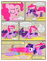 Size: 612x792 | Tagged: safe, artist:newbiespud, edit, edited screencap, imported from derpibooru, screencap, pinkie pie, rainbow dash, twilight sparkle, earth pony, pegasus, pony, unicorn, comic:friendship is dragons, a canterlot wedding, ball of violence, behaving like a weapon, blast, comic, dialogue, dust, eyelashes, eyes closed, fight, holding a pony, magic, magic blast, open mouth, screencap comic, twigun, unicorn twilight