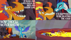 Size: 2000x1125 | Tagged: safe, edit, edited screencap, editor:quoterific, imported from derpibooru, screencap, clump, princess ember, dragon, sweet and smoky, angry, caption, comic, dragoness, female, gritted teeth, lava, male, open mouth, text