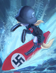 Size: 2065x2700 | Tagged: safe, artist:rhorse, oc, oc only, oc:aryanne, pony, art pack:marenheit 451, /mlp/, clothes, featured image, female, mare, nazi, solo, surf nazis must die, surfboard, surfing, swastika