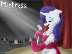 Size: 2400x1800 | Tagged: safe, artist:rockhoppr3, imported from derpibooru, rarity, pony, unicorn, chair, clothes, curtains, dress, eyes closed, floppy ears, gloves, microphone stand, solo, spotlight, stage, table, vylet pony