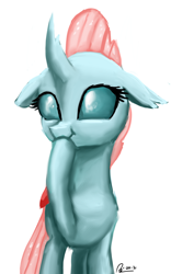 Size: 1600x2560 | Tagged: safe, artist:raphaeldavid, imported from derpibooru, ocellus, changedling, changeling, cute, diaocelles, female, hoof over mouth, puffy cheeks, scrunchy face, simple background, smiling, solo, white background
