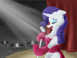 Size: 2400x1800 | Tagged: safe, alternate version, artist:rockhoppr3, derpibooru exclusive, imported from derpibooru, rarity, pony, unicorn, chair, clothes, curtains, dress, gloves, microphone stand, solo, spotlight, table