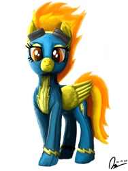 Size: 768x1024 | Tagged: safe, artist:raphaeldavid, imported from derpibooru, spitfire, pegasus, pony, clothes, goggles, lidded eyes, looking at you, smiling, solo, uniform, wonderbolts uniform