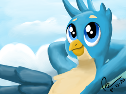 Size: 1600x1200 | Tagged: safe, artist:raphaeldavid, imported from derpibooru, gallus, griffon, cloud, smiling, solo