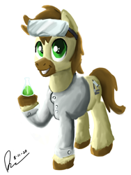 Size: 1536x2048 | Tagged: safe, artist:raphaeldavid, imported from derpibooru, oc, oc only, oc:calpain, earth pony, pony, beaker, clothes, goggles, lab coat, smiling