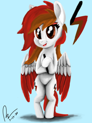 Size: 3456x4608 | Tagged: safe, artist:raphaeldavid, imported from derpibooru, oc, oc only, oc:crimson trace, pegasus, pony, bipedal, looking at you, pen, smiling, solo, spread wings, wings