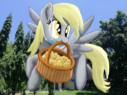 Size: 4608x3456 | Tagged: safe, artist:raphaeldavid, imported from derpibooru, derpy hooves, pegasus, pony, basket, flying, food, irl, mask, mouth hold, muffin, photo, smiling, solo, spread wings, wings