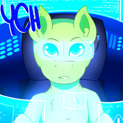 Size: 2000x2000 | Tagged: safe, artist:von babbitt, imported from derpibooru, pony, advertisement, cockpit, commission, glow, mech, pilot, solo, your character here