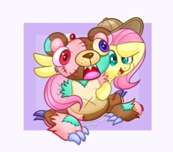 Size: 1483x1299 | Tagged: safe, artist:handgunboi, imported from derpibooru, fluttershy, pegasus, pony, claws, heterochromia, patch, sharp teeth, simple background, teddy bear, teeth