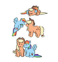 Size: 3000x3200 | Tagged: safe, artist:applejackofalltrades, imported from derpibooru, applejack, rainbow dash, earth pony, pegasus, pony, appledash, cute, doodle, female, flying, kiss on the cheek, kissing, lesbian, shipping, simple, sleeping, snuggling