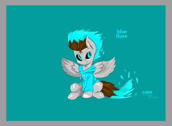 Size: 837x616 | Tagged: safe, artist:@cameron, imported from derpibooru, oc, oc:blue flare, clothes, fiery mane, fiery tail, hoodie, looking around, normal background, sitting, spread wings, wings