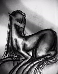 Size: 1280x1647 | Tagged: safe, artist:luted, imported from derpibooru, earth pony, blank flank, eyes closed, female, mare, monochrome, solo