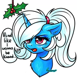 Size: 1741x1763 | Tagged: safe, artist:kruszyna25, imported from derpibooru, oc, oc:pummela, pony, unicorn, blushing, bust, cute, female, holly, holly mistaken for mistletoe, mare, open mouth, ponytail, speech bubble, traditional art, tsundere