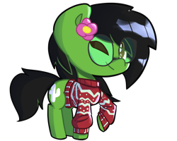 Size: 1000x800 | Tagged: safe, artist:ronin20181, imported from derpibooru, oc, oc:prickly pears, christmas sweater, clothes, flower, flower in hair, glasses, one eye closed, simple background, solo, sweater, transparent background, wink