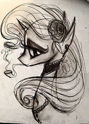 Size: 921x1280 | Tagged: safe, artist:luted, imported from derpibooru, rarity, pony, unicorn, bust, ear piercing, earring, flower, jewelry, monochrome, piercing, pipe, side profile, solo
