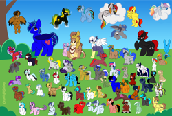 Size: 9998x6754 | Tagged: safe, artist:cosmiclitgalaxy, imported from derpibooru, oc, oc:beefy, oc:dawnrider, oc:florid, oc:genki the pone, oc:goliath moon, oc:junebug, oc:myth chaser, oc:neonshield, oc:red arrow, oc:slipstream, oc:suzzypome, oc:vixen, alicorn, changeling, earth pony, griffon, pegasus, pony, unicorn, absurd resolution, boofy, giant pony, griffon oc, macro, ocs everywhere, red and black oc