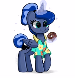 Size: 3723x3900 | Tagged: safe, artist:kittyrosie, imported from derpibooru, princess luna, alicorn, between dark and dawn, alternate hairstyle, blushing, clothes, cute, donut, female, food, glowing horn, hair bun, high res, horn, lunabetes, magic, mare, simple background, telekinesis, white background