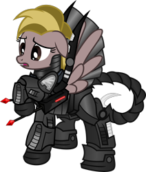 Size: 2826x3340 | Tagged: safe, artist:lincolnbrewsterfan, derpibooru exclusive, imported from derpibooru, oc, oc only, oc:spirestone, pegasus, pony, fallout equestria, fallout equestria: project horizons, .svg available, armor, black, concerned, dart, dart launcher, enclave, enclave armor, fanfic art, female, insignia, mare, orange (color), pegasus oc, raised hoof, red, scorpion tail, simple background, solo, solo female, svg, transparent background, vector, wings
