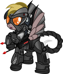 Size: 2826x3340 | Tagged: safe, artist:lincolnbrewsterfan, derpibooru exclusive, imported from derpibooru, oc, oc only, oc:spirestone, pegasus, pony, fallout equestria, fallout equestria: project horizons, .svg available, armor, black, concerned, dart, dart launcher, enclave, enclave armor, fanfic art, female, insignia, mare, orange (color), pegasus oc, raised hoof, red, scorpion tail, simple background, solo, solo female, svg, transparent background, vector, wings