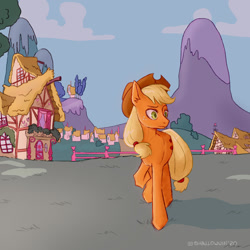 Size: 1280x1280 | Tagged: safe, artist:demonnox98, imported from derpibooru, applejack, earth pony, pony, applejack's hat, building, cowboy hat, female, fence, freckles, hat, house, mare, ponyville, raised hoof, raised leg, solo, tree