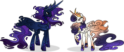 Size: 5623x2381 | Tagged: safe, artist:helenosprime, imported from derpibooru, oc, oc:king cosmos, oc:queen galaxia, alicorn, alicorn oc, celestia and luna's father, celestia and luna's mother, crown, ethereal mane, female, horn, jewelry, male, mare, raised hoof, regalia, simple background, stallion, transparent background, wings