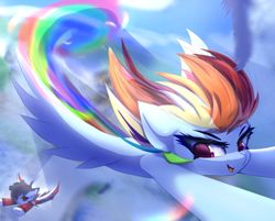 Size: 2137x1722 | Tagged: safe, artist:jfrxd, imported from derpibooru, rainbow dash, oc, oc:jfrxd, bat pony, pegasus, pony, bat pony oc, bat wings, cheek fluff, female, flying, male, mare, open mouth, photo, race, rainbow, rainbow trail, smiling, spread wings, stallion, wings