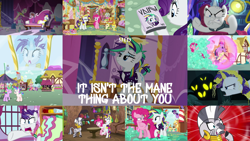 Size: 1978x1113 | Tagged: safe, edit, edited screencap, editor:quoterific, imported from derpibooru, screencap, applejack, derpy hooves, fluttershy, pinkie pie, pound cake, pumpkin cake, rainbow dash, rarity, twilight sparkle, zecora, it isn't the mane thing about you, alternate hairstyle, mane six, punk, raripunk