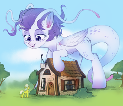 Size: 5196x4474 | Tagged: safe, artist:ls_skylight, imported from derpibooru, oc, oc:lightning star, oc:wintry, dracony, dragon, earth pony, hybrid, pony, caption, house, image macro, macro, macro/micro, pony dragon hybrid, sketch, text