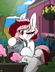 Size: 2550x3300 | Tagged: safe, artist:bbsartboutique, imported from derpibooru, bluebonnet, daisy, flower wishes, oc, oc:toricelli, pegasus, pony, barn, blushing, cheek fluff, chest fluff, clothes line, complex background, fluffy, foliage, one eye closed, pegasus oc, shading, solo, tree, tulip, watering can, wings