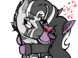 Size: 1152x864 | Tagged: safe, artist:dsstoner, imported from derpibooru, oc, bat pony, pony, zebra, blushing, cuddling, female, heart, hug, long mane, male, mare, ponysona, smiling, stallion