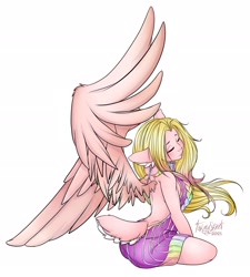 Size: 2088x2316 | Tagged: safe, artist:tawnysweetarts, imported from derpibooru, oc, oc only, oc:mio, anthro, pegasus, backless, clothes, deer tail, eyes closed, female, freckles, human facial structure, large wings, open-back sweater, shoulder freckles, simple background, sleeveless, sleeveless sweater, solo, spread wings, sweater, virgin killer sweater, white background, wings