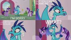 Size: 2000x1125 | Tagged: safe, edit, edited screencap, editor:quoterific, imported from derpibooru, screencap, princess ember, starlight glimmer, twilight sparkle, alicorn, dragon, pony, unicorn, triple threat, crossed arms, dragoness, female, mare, open mouth, similarities, starlight is not amused, trio, trio female, twilight is not amused, twilight sparkle (alicorn), unamused
