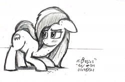 Size: 1856x1216 | Tagged: safe, artist:johnerose126, imported from derpibooru, oc, oc:claire denim, female, floppy ears, mare, monochrome, sketch, solo, traditional art