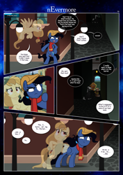 Size: 3259x4607 | Tagged: safe, artist:estories, imported from derpibooru, oc, oc only, oc:ace, oc:alice goldenfeather, oc:möbius, oc:penumbra, pegasus, pony, unicorn, comic:nevermore, alleyway, barrel, bipedal, bipedal leaning, comic, dialogue, duo, duo female, female, horn, leaning, male, manehattan, mare, open mouth, pegasus oc, speech bubble, spying, stallion, unicorn oc, wings