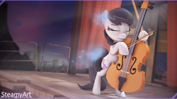 Size: 3840x2160 | Tagged: safe, artist:phenioxflame, imported from derpibooru, octavia melody, earth pony, pony, fallout equestria, 3d, bipedal, bow (instrument), cello, cello bow, curtain, eyes closed, female, fence, hoof hold, mare, musical instrument, playing instrument, recursive fanart, remake, sfm pony, sky, solo, source filmmaker