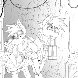 Size: 2000x2000 | Tagged: safe, artist:twotail813, imported from derpibooru, oc, oc only, oc:gear, oc:twotail, pegasus, black and white, brother and sister, cave, clothes, female, grayscale, male, monochrome, siblings, wings
