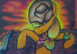 Size: 887x630 | Tagged: safe, artist:shadowingartist, imported from derpibooru, applejack, earth pony, pony, honest apple, applejack's hat, bench, cowboy hat, hat, sunset, traditional art