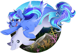 Size: 1280x897 | Tagged: safe, artist:woonborg, imported from derpibooru, oc, oc only, dolphin, seapony (g4), blue eyes, bubble, chest fluff, commission, coral, coral reef, ear fluff, eyelashes, fin wings, fish tail, flowing mane, ocean, open mouth, smiling, solo, swimming, tail, underwater, water, wings