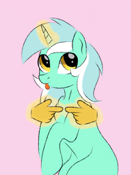 Size: 1000x1333 | Tagged: source needed, safe, artist:kusturbrick, imported from derpibooru, lyra heartstrings, pony, unicorn, cute, female, glowing horn, hand, horn, looking back, lyrabetes, magic, magic hands, mare, pink background, pointing, simple background, sitting, solo, that pony sure does love hands, that pony sure does love humans, tongue out