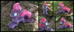 Size: 3997x1754 | Tagged: safe, artist:peruserofpieces, imported from derpibooru, tempest shadow, pony, unicorn, beanie (plushie), broken horn, female, happy, horn, irl, looking at you, lying down, mare, photo, plushie, prone, smiling, smiling at you, solo, sploot, tree
